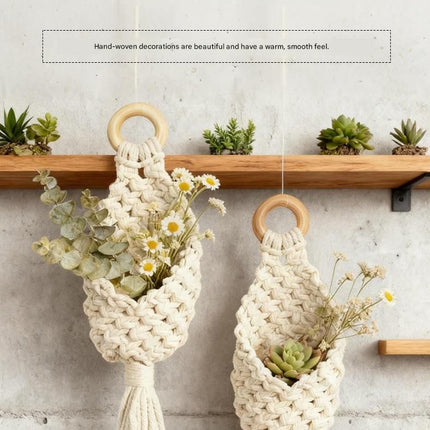 White Macrame Hanging Plant Holder - Cotton Rope Wall Basket, Bohemian Style Decor for Indoor Plants - Space Saving & Multi Scene Use