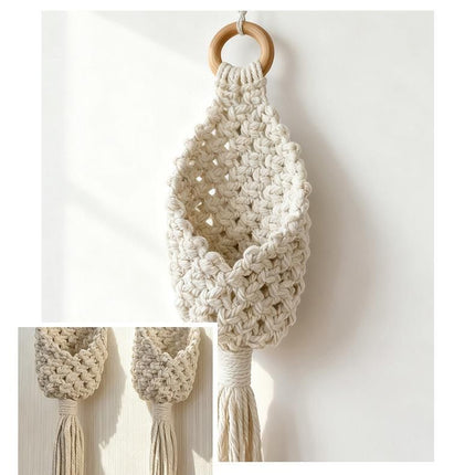 White Macrame Hanging Plant Holder - Cotton Rope Wall Basket, Bohemian Style Decor for Indoor Plants - Space Saving & Multi Scene Use
