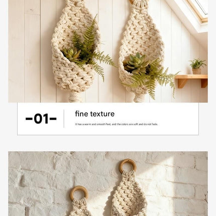 White Macrame Hanging Plant Holder - Cotton Rope Wall Basket, Bohemian Style Decor for Indoor Plants - Space Saving & Multi Scene Use