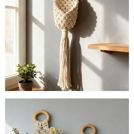 White Macrame Hanging Plant Holder - Cotton Rope Wall Basket, Bohemian Style Decor for Indoor Plants - Space Saving & Multi Scene Use