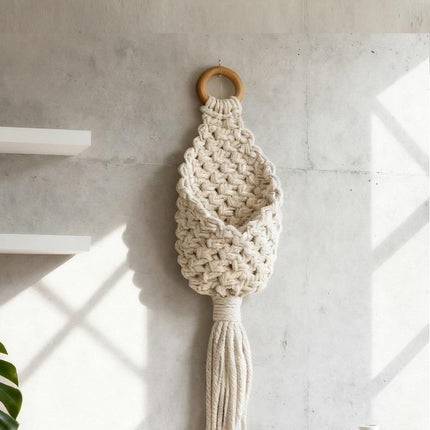 2-piece White Macrame Hanging Plant Holder - Cotton Rope Wall Basket, Bohemian Style Decor for Indoor Plants - Space Saving & Multi Scene Use