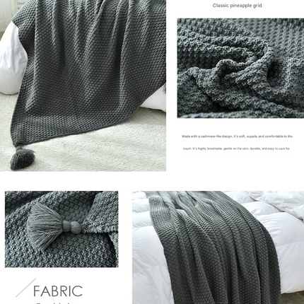 Off-white 150*200cm Nordic Style Tassel Knit Throw Blanket - Soft Polyester Sofa Blanket with Pineapple Texture - Breathable & Lightweight for Office, Couch, Travel - Boho Chic Home Decor