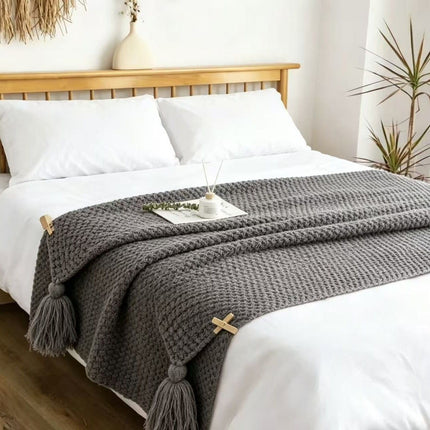 Grey 150*200cm Nordic Style Tassel Knit Throw Blanket - Soft Polyester Sofa Blanket with Pineapple Texture - Breathable & Lightweight for Office, Couch, Travel - Boho Chic Home Decor