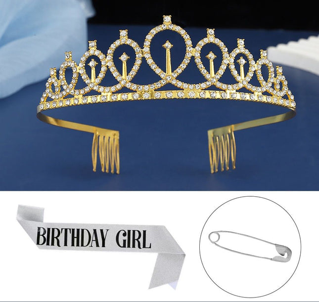 2-piece Golden and Silvery Birthday Girl Tiara and Sash V888-ELOSUNG50854