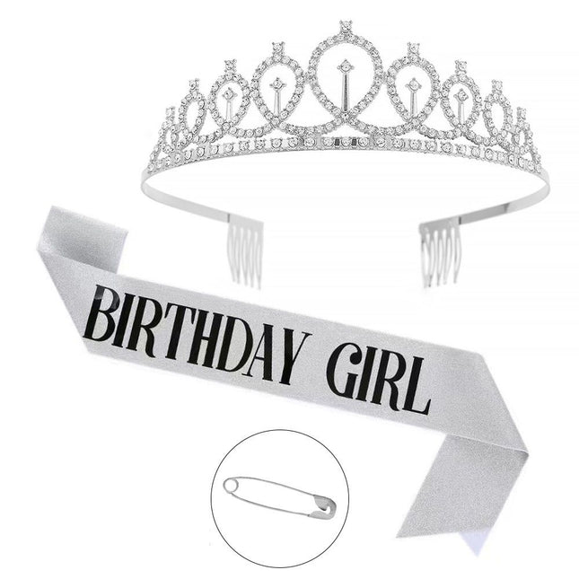 2-piece Silvery Birthday Girl Tiara and Sash V888-ELOSUNG50856