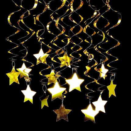 30-Piece Set for Golden and Silvery and Black Star Spiral Hanging Decorations - Kids Birthday, Wedding, Graduation, and Party Ceiling Decoration - Festive Swirl Streamers, Easy Hang Party Supplies
