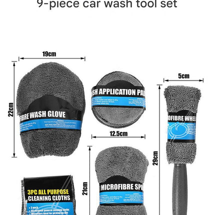 9-Piece Grey Car cleaning kit - Microfibre Wash Mitt, Sponge, Wheel Brush, Waxing Pads & Towels - Complete Auto Detailing Set for Home & Garage Use