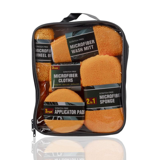 9-Piece Orange Car cleaning kit- Microfibre Wash Mitt Sponge Wheel Brush Waxing Pads & Towels