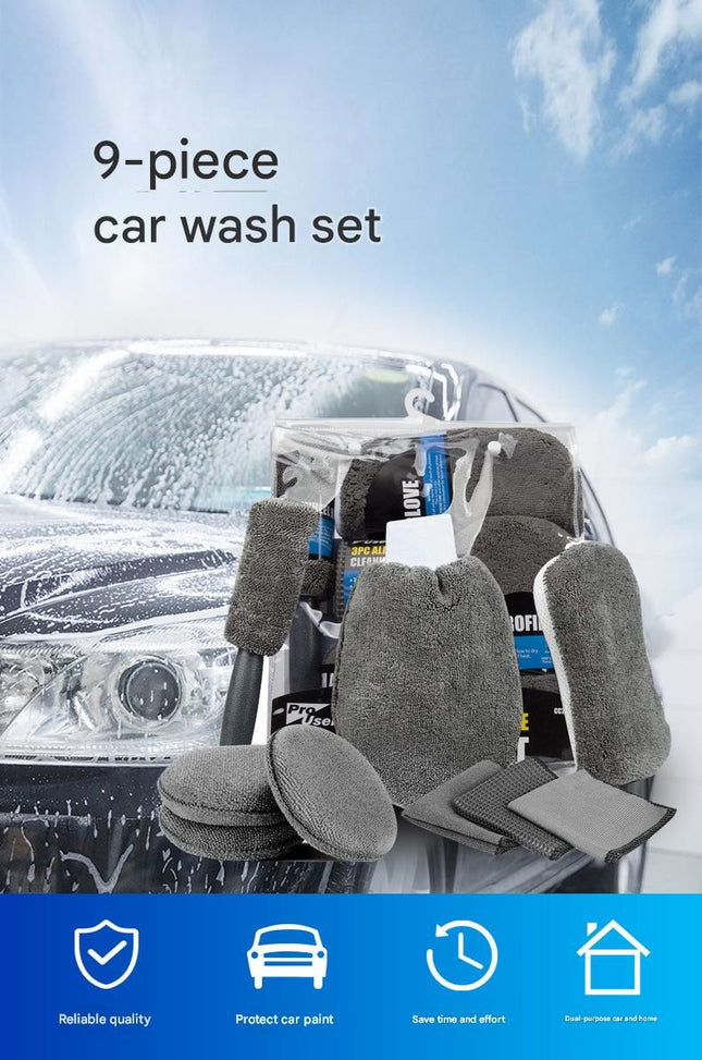 9-Piece Orange Car cleaning kit- Microfibre Wash Mitt Sponge Wheel Brush Waxing Pads & Towels – product detail