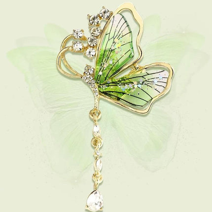 Purple Butterfly Brooch - Green Enamel Crystal Tassel Pin - Elegant Alloy Jewelry for Women, Gift for Mom, Teacher, Friend, Birthday, Valentine's Day, Mother's Day
