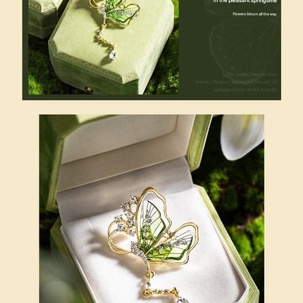 Purple Butterfly Brooch - Green Enamel Crystal Tassel Pin - Elegant Alloy Jewelry for Women, Gift for Mom, Teacher, Friend, Birthday, Valentine's Day, Mother's Day