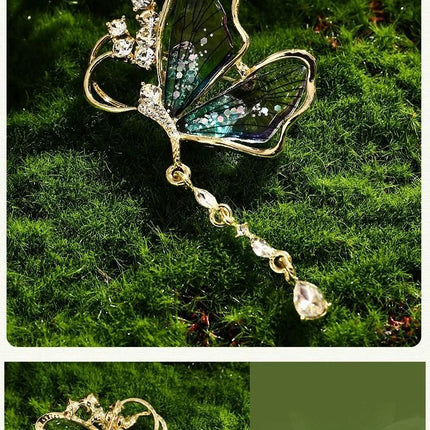 Purple Butterfly Brooch - Green Enamel Crystal Tassel Pin - Elegant Alloy Jewelry for Women, Gift for Mom, Teacher, Friend, Birthday, Valentine's Day, Mother's Day