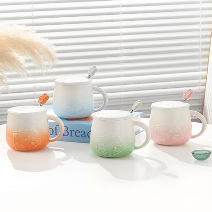 Pink Gradient Cat Ceramic Mug with Lid and Spoon - 400ml Porcelain Coffee Cup - Adorable 3D Cat Design, Pastel Colour, Gift Box Included - Ideal for Home, Office, or as a Present for Women and Cat Lovers