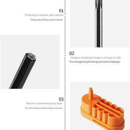 8-in-1 Black and Orange Multi-Bit Screwdriver Set - Compact Precision Tool Kit with Phillips and Slotted Bits - Ergonomic Handle, Hex Shank Design, Portable Storage Base,Chrome vanadium steel - Ideal for Electronics, PC, Appliances, and DIY Repairs