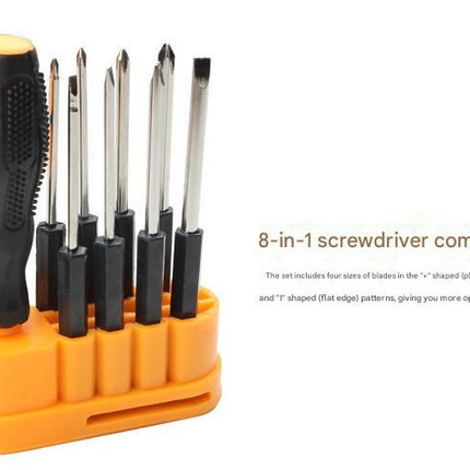 8-in-1 Black and Orange Multi-Bit Screwdriver Set - Compact Precision Tool Kit with Phillips and Slotted Bits - Ergonomic Handle, Hex Shank Design, Portable Storage Base,Chrome vanadium steel - Ideal for Electronics, PC, Appliances, and DIY Repairs