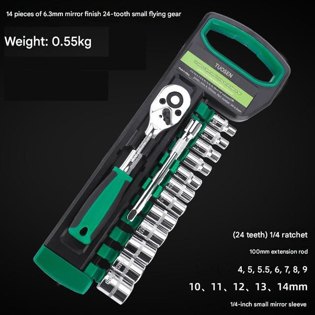 Green 14-Piece 1/4-Inch Drive 24-Tooth Ratchet & Socket Set High-Carbon Steel Mirror-Polished