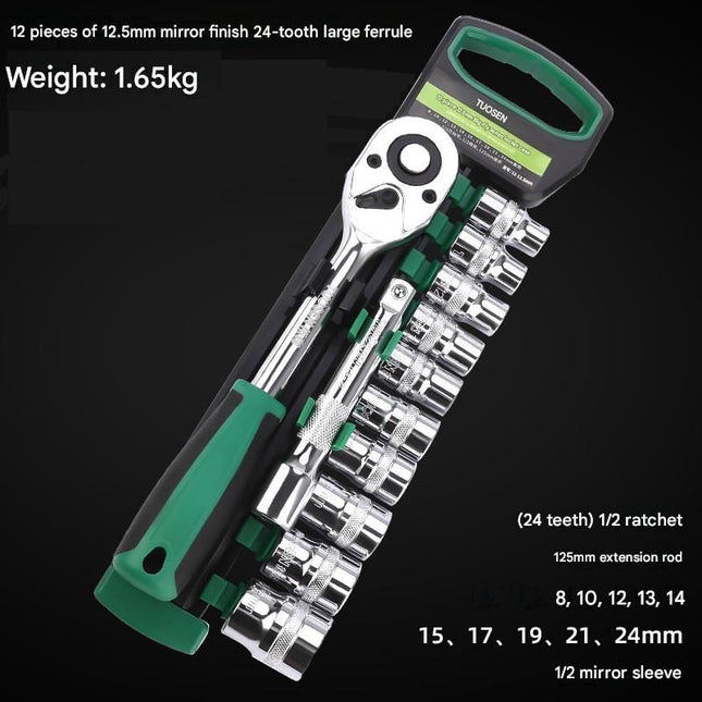 Green 12-Piece 1/2-Inch Drive 24-Tooth Ratchet & Socket Set High-Carbon Steel Mirror-Polished