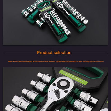 Green 12-Piece 1/2-Inch Drive 24-Tooth Ratchet & Socket Set — High-Carbon Steel, Mirror-Polished Socket Wrench Tool Kit — Automotive Repair Tool Set with Quick-Release Ratchet — Ideal for Car Maintenance, Mechanical Repairs, and DIY Projects
