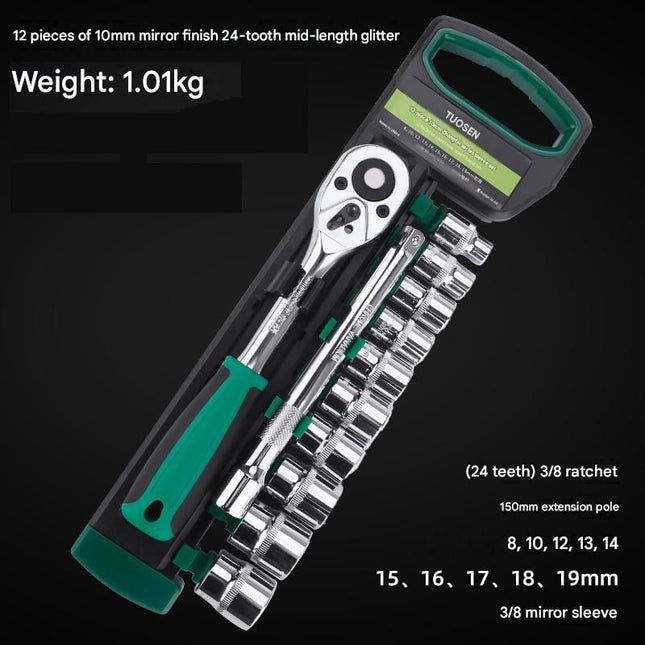 Green 12-Piece 3/8-Inch Drive 24-Tooth Ratchet & Socket Set High-Carbon Steel Mirror-Polished