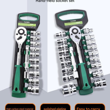 Green 12-Piece 3/8-Inch Drive 24-Tooth Ratchet & Socket Set — High-Carbon Steel, Mirror-Polished Socket Wrench Tool Kit — Automotive Repair Tool Set with Quick-Release Ratchet — Ideal for Car Maintenance, Mechanical Repairs, and DIY Projects