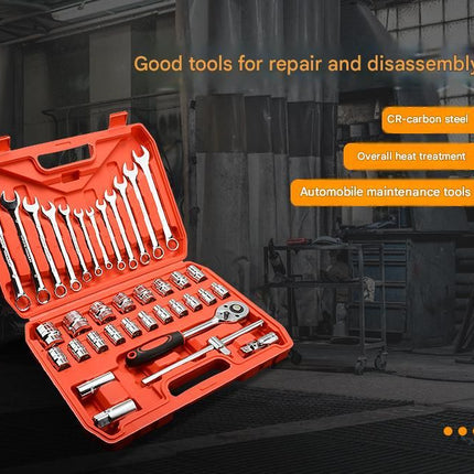 46-Piece Automotive Repair Tool Set - Carbon Steel Ratchet Wrench Socket Kit - 1/4 Inch Drive with Extension Bars, Universal Joint, and Multi-Bit Screwdriver Heads - Compact Storage Case for Car Maintenance, Machinery Repair, and DIY Projects