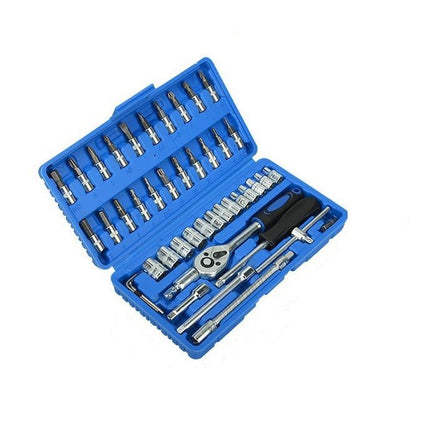 46-Piece Automotive Repair Tool Set - Carbon Steel Ratchet Wrench Socket Kit - 1/4 Inch Drive with Extension Bars, Universal Joint, and Multi-Bit Screwdriver Heads - Compact Storage Case for Car Maintenance, Machinery Repair, and DIY Projects