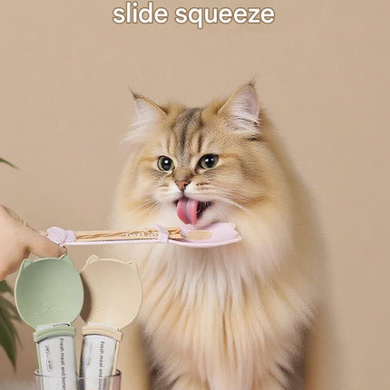 Green Cat Treat Spoon for Wet Food & Paste - Extra-Long PP Handle, Food-Grade Squeeze Feeder with Anti-Spill Bowl, Easy One-Handed Operation for Cats