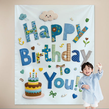 Blue Happy Birthday Backdrop Banner - Reusable Fabric Party Decoration with Colourful Lettering, Photo Background for Birthday, Celebration