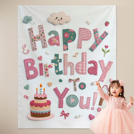Pink Happy Birthday Backdrop Banner - Reusable Fabric Party Decoration with Colourful Lettering, Photo Background for Birthday,  Celebration