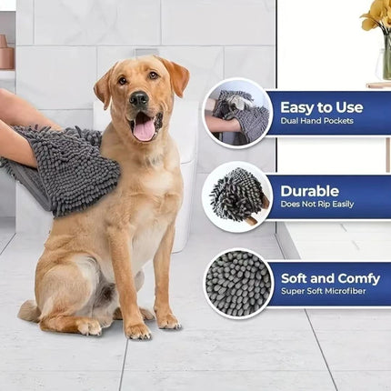 Blue Chenille Pet Drying Towel with Dual Hand Pockets - Ultra Absorbent, Quick Dry, Soft Microfiber, Durable Stitching - for Dogs and Cats Bathing, Grooming, Travel