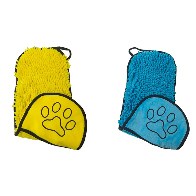 2-piece Yellow and Blue Chenille Pet Drying Towel with Dual Hand V888-ELOSUNG50921