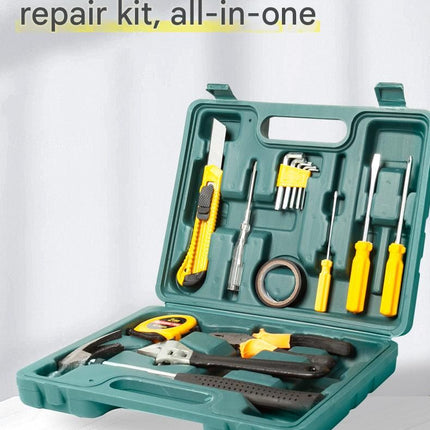 Green 11 Piece Set -Multi-Purpose Home & Car Tool Kit -  Durable Blow-Molded Case, Utility Knife, Tape Measure, Pliers, Hammer, Screwdrivers, Allen Keys - Compact Emergency Repair Set for DIY and Auto Maintenance