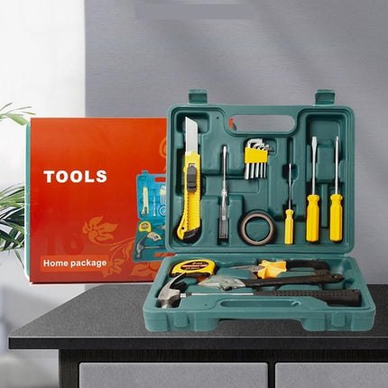 Green 16 Piece Set -Multi-Purpose Home & Car Tool Kit -  Durable Blow-Molded Case, Utility Knife, Tape Measure, Pliers, Hammer, Screwdrivers, Allen Keys - Compact Emergency Repair Set for DIY and Auto Maintenance