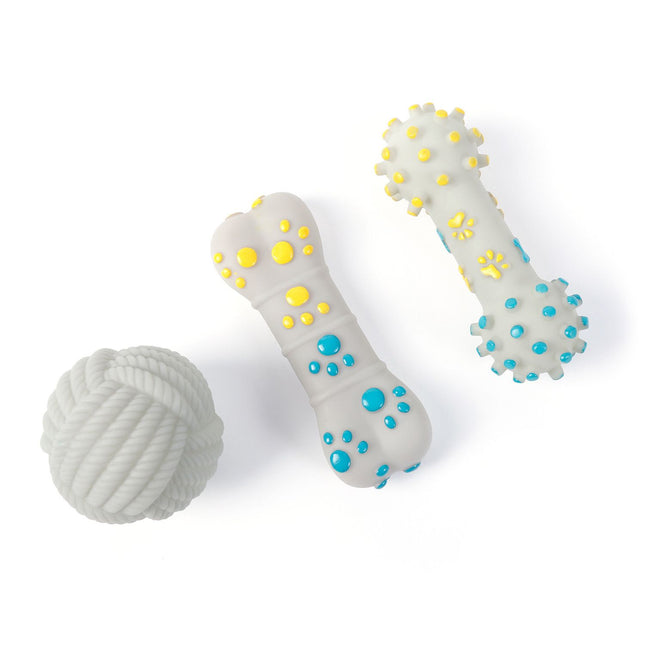 3-piece Yellow and Blue Squeaky Bone Spiked ring barbell White Rope Ball Durable TPR Dog Chew Toys