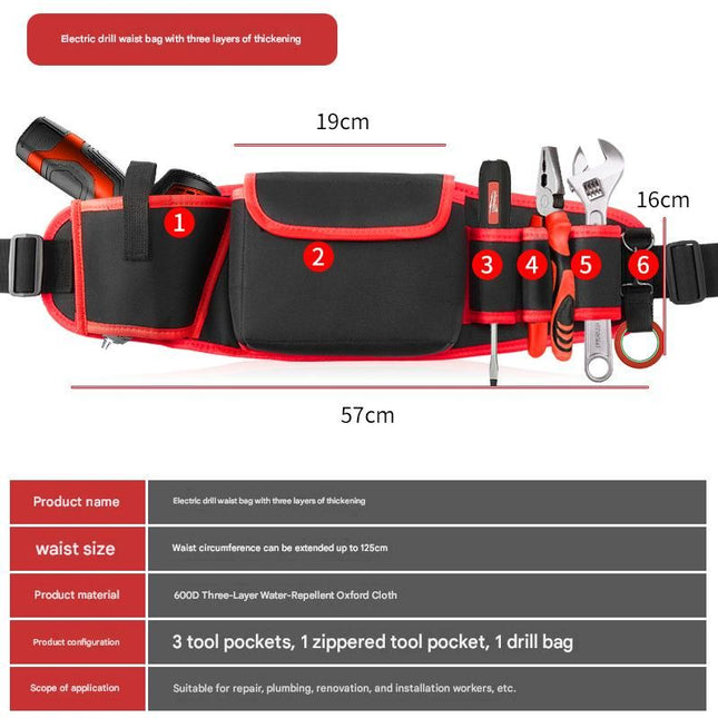 Red Professional Oxford Cloth Tool Waist Bag Tool Belt Multifunctional Work Belt Men's Robust Adjustable