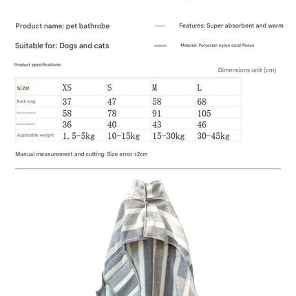Grey and White XS Size Super Absorbent Dog Bathrobe – Quick-Dry Coral Fleece Pet Towel with Snaps & Adjustable Belly Strap | Wearable Drying Coat for Small Medium Large Dogs & Cats After Bath, Swim, Rain