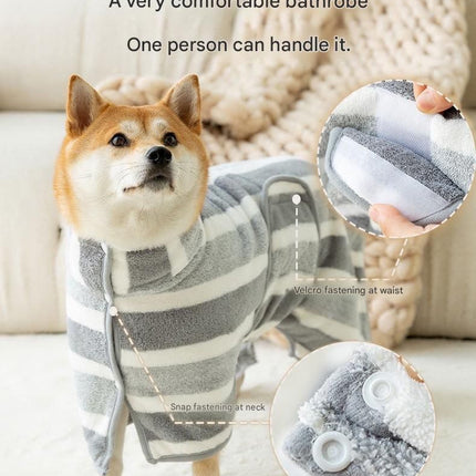 Grey and White XS Size Super Absorbent Dog Bathrobe – Quick-Dry Coral Fleece Pet Towel with Snaps & Adjustable Belly Strap | Wearable Drying Coat for Small Medium Large Dogs & Cats After Bath, Swim, Rain