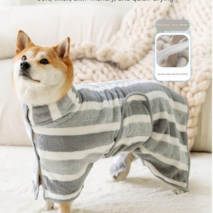 Grey and White M Size Super Absorbent Dog Bathrobe – Quick-Dry Coral Fleece Pet Towel with Snaps & Adjustable Belly Strap | Wearable Drying Coat for Small Medium Large Dogs & Cats After Bath, Swim, Rain