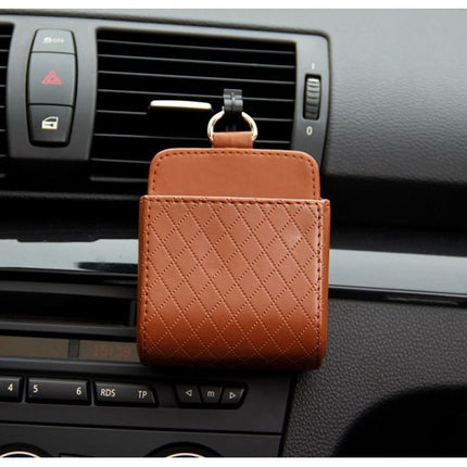 Brown Leather Car Air Vent Storage Bag - Multi-Purpose Phone Holder & Organiser Pouch for Sunglasses, Keys, Cards - Universal Fit, Easy Install, Compact Design for Dashboard Tidy