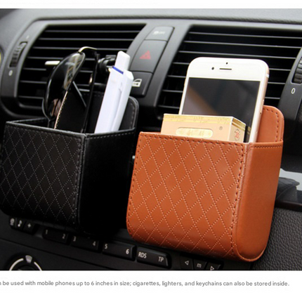 Brown Leather Car Air Vent Storage Bag - Multi-Purpose Phone Holder & Organiser Pouch for Sunglasses, Keys, Cards - Universal Fit, Easy Install, Compact Design for Dashboard Tidy