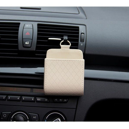 Beige Leather Car Air Vent Storage Bag - Multi-Purpose Phone Holder & Organiser Pouch for Sunglasses, Keys, Cards - Universal Fit, Easy Install, Compact Design for Dashboard Tidy