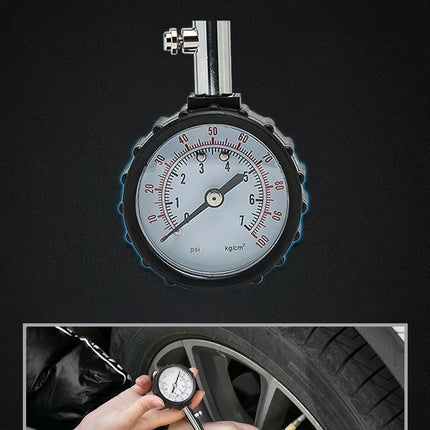 Black High Precision Mechanical Tyre Pressure Gauge - Durable Stainless Steel & Rubber Construction, Long Flexible Hose, Pressure Release & Zeroing Valve, 0-100 PSI Dial for Car, SUV, Motorcycle, Van