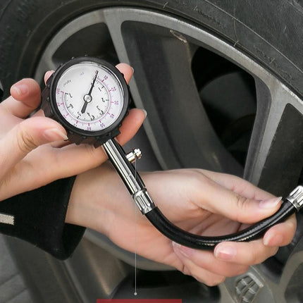 Black High Precision Mechanical Tyre Pressure Gauge - Durable Stainless Steel & Rubber Construction, Long Flexible Hose, Pressure Release & Zeroing Valve, 0-100 PSI Dial for Car, SUV, Motorcycle, Van