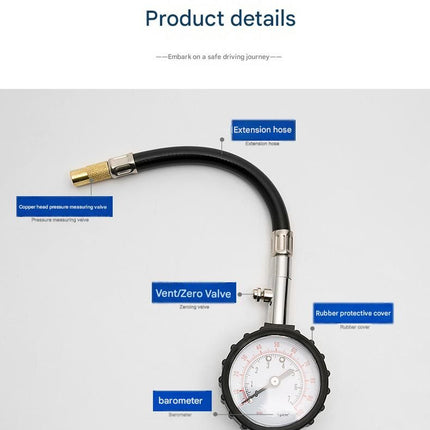 Black High Precision Mechanical Tyre Pressure Gauge - Durable Stainless Steel & Rubber Construction, Long Flexible Hose, Pressure Release & Zeroing Valve, 0-100 PSI Dial for Car, SUV, Motorcycle, Van