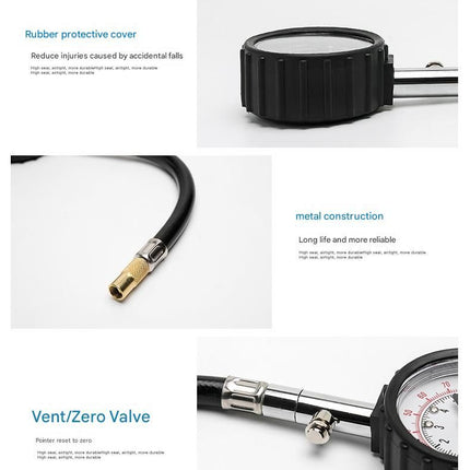 Black High Precision Mechanical Tyre Pressure Gauge - Durable Stainless Steel & Rubber Construction, Long Flexible Hose, Pressure Release & Zeroing Valve, 0-100 PSI Dial for Car, SUV, Motorcycle, Van