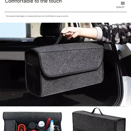 Dark gray Foldable Car Trunk Organizer - Durable Felt Storage Box with Magic Tape Closure, Portable Handle, Scratch Resistant, Space Saving Design for SUV, Sedan, Hatchback