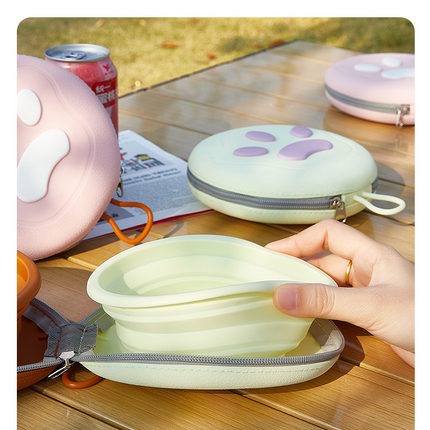 Light Yellow Portable Collapsible Silicone Pet Bowl - Food Grade Silicone - Dual Bowl Design, Adjustable Height, Lightweight & Compact, Bear Paw Pattern, for Dogs & Cats, Travel Friendly, Easy Clean