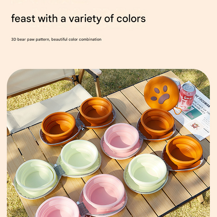 Light Yellow Portable Collapsible Silicone Pet Bowl - Food Grade Silicone - Dual Bowl Design, Adjustable Height, Lightweight & Compact, Bear Paw Pattern, for Dogs & Cats, Travel Friendly, Easy Clean