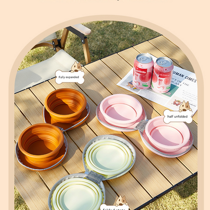 Brown Portable Collapsible Silicone Pet Bowl - Food Grade Silicone - Dual Bowl Design, Adjustable Height, Lightweight & Compact, Bear Paw Pattern, for Dogs & Cats, Travel Friendly, Easy Clean