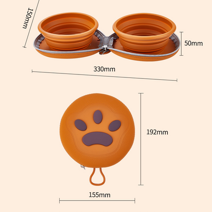 Brown Portable Collapsible Silicone Pet Bowl - Food Grade Silicone - Dual Bowl Design, Adjustable Height, Lightweight & Compact, Bear Paw Pattern, for Dogs & Cats, Travel Friendly, Easy Clean